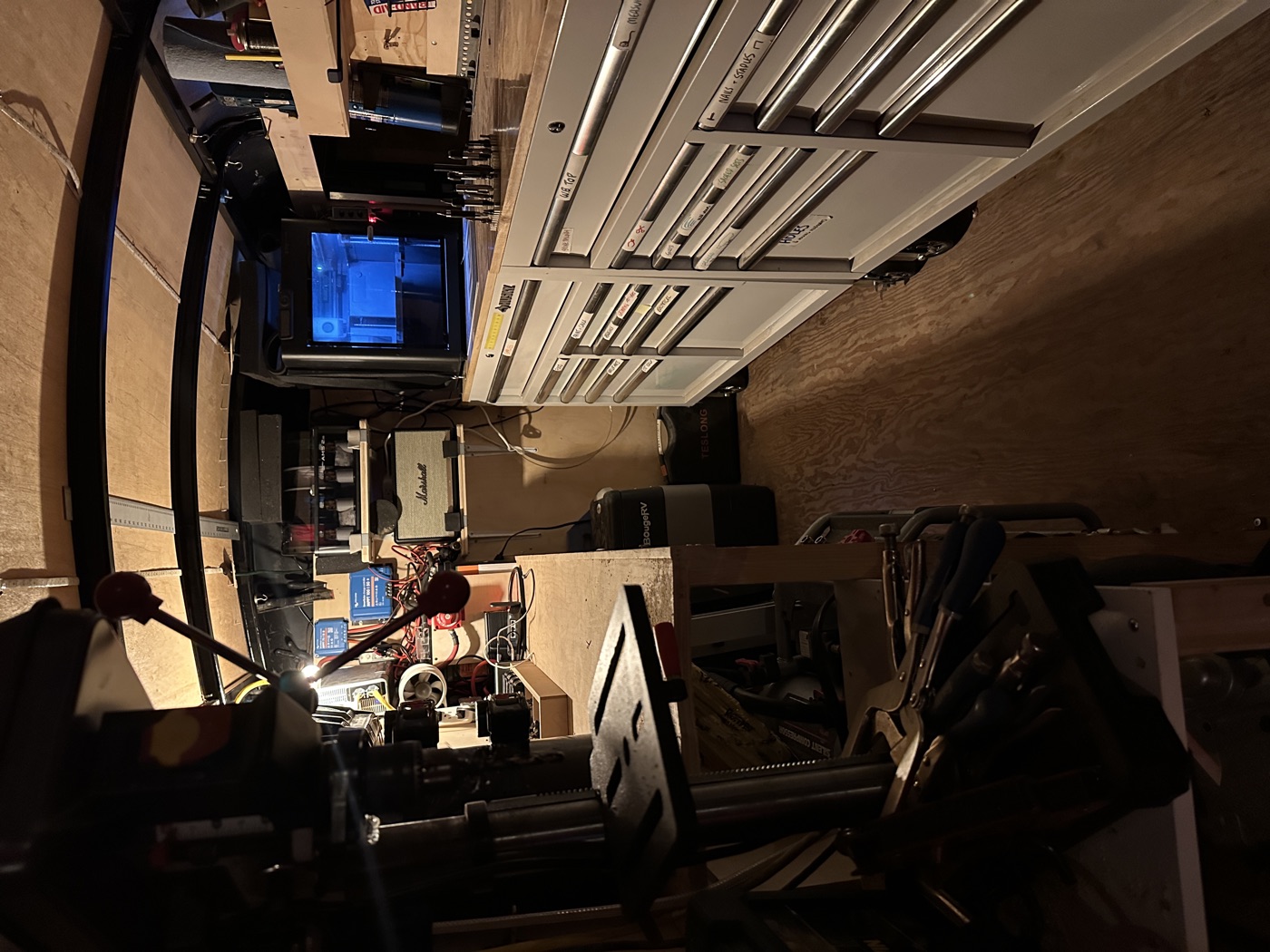 Trailer interior glowing warmly at night